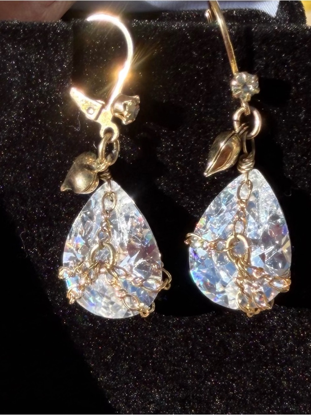 Vintage Betsey Johnson Gold-Tone Iridescent Crystal Teardrop Dangle Earrings